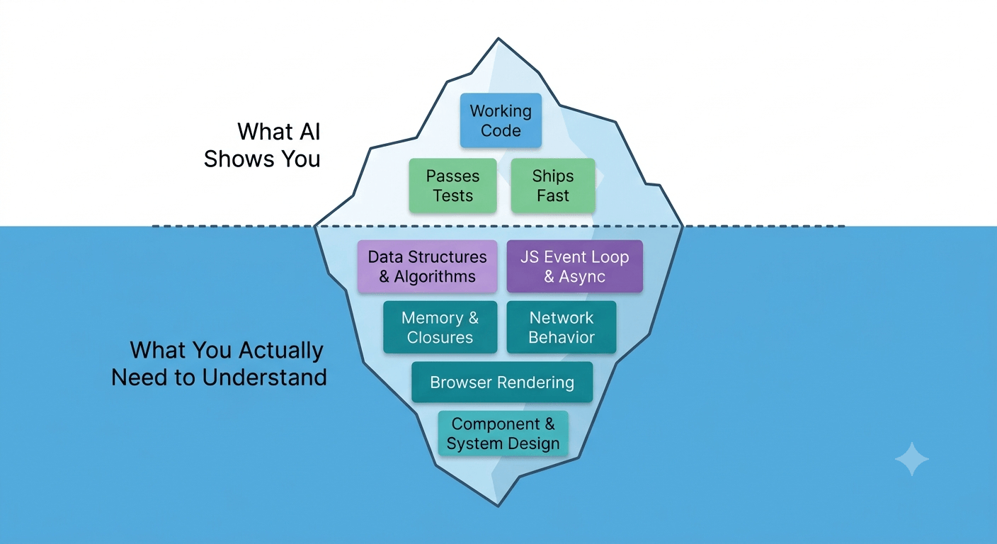 Iceberg diagram: AI-generated code visible above the waterline, CS fundamentals like the event loop, rendering, and memory hidden below