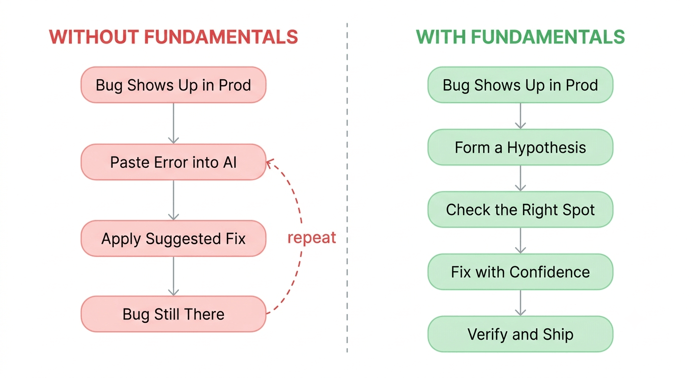 Two debugging paths compared: a repeating loop of pasting errors into an AI assistant versus a direct line from symptom to hypothesis to fix